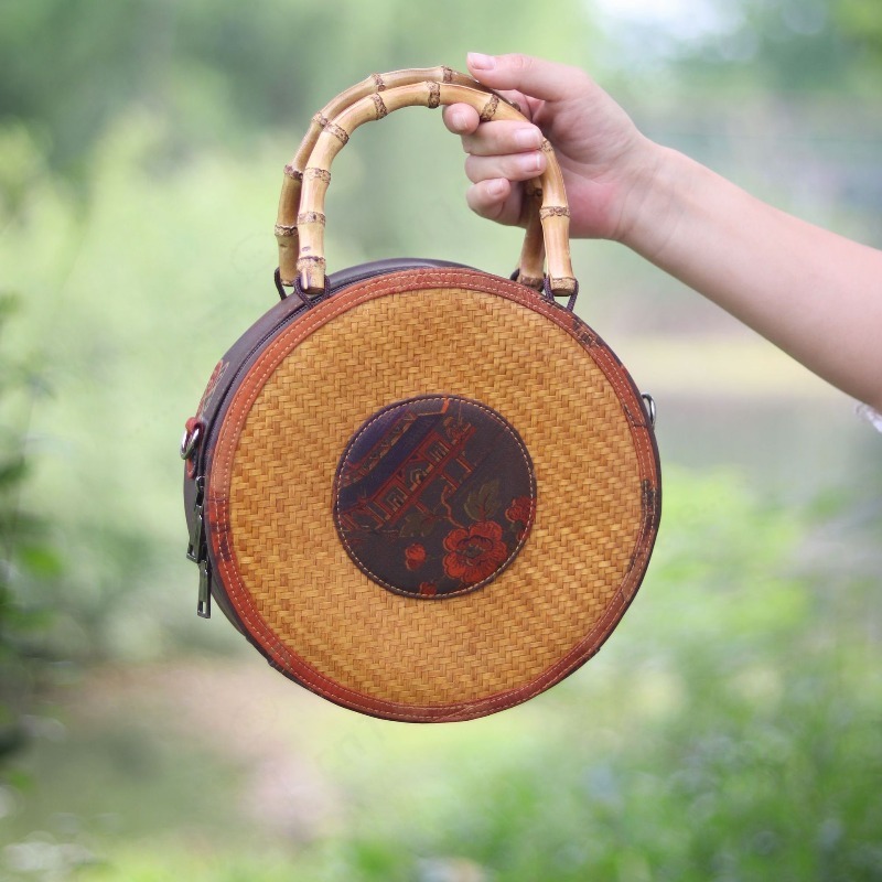 Women Bags And Purses - Round Bamboo Woven Xiangyun Fabric Crossbody